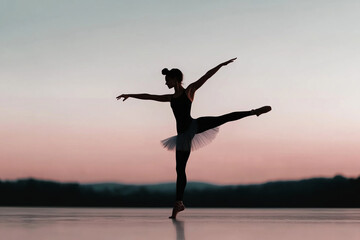 Dancer gracefully moving at sunset on a serene beach