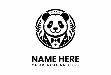 Elegant Panda Logo Wearing a Tuxedo with Botanical Embellishments and Text.