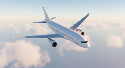 Obraz premium A white passenger airplane flying above the clouds, tilting slightly to the right, with a blue sky visible in the background.