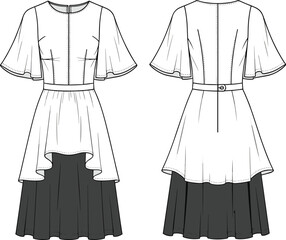 Asymmetric hem dress technical fashion sketch front and back views, short flared sleeves, belted waist, center seams, buttoned back closure, layered hem, minimalist illustration