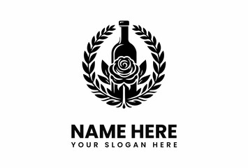 Elegant Wine Bottle and Rose Emblem with Laurel Wreath Design.