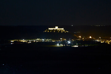 Pe&ntilde;afiel. Night view of this town in the province of Valladolid. The most important monument is its medieval ship-shaped castle. Its Ribera del Duero wine cellars are very important.