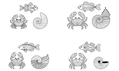 Sea animal icon illustration set with fish, crab and shell
