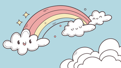 A fun, seamless cartoon illustration of the Easter bunny with colorful eggs in a blue sky with clouds, perfect for a cheerful spring design