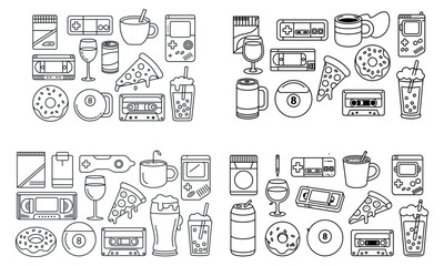 Retro food and drink icon illustration set with snacks and beverages
