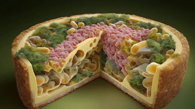 Slice of pie with a hole in it. The pie is made of cheese and has a green crust. food item split in half showing hidden bacteria inside, symbolic cross-section, salmonella outbreak