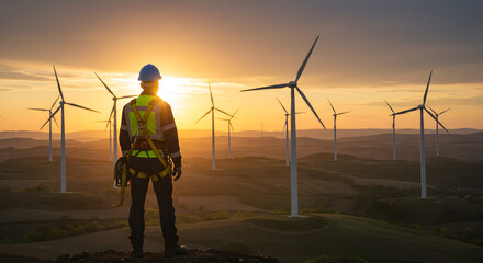 Man in Blue Hardhat and Yellow Vest Overseeing Wind Turbines at Sunset with Golden Light in Cloudy Sky Renewable Energy