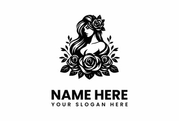 Elegant woman silhouette with flowing hair and rose adornments creating a sophisticated logo design.