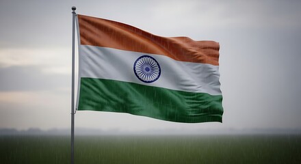 Flag Waving in the Wind Against Cloudy Sky