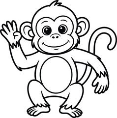 Smiling Cartoon Monkey Waving &ndash; Outline Vector Animal Illustration