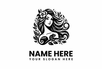 Elegant Woman with Floral Hair Adornment and Chameleon Perched on Branch.