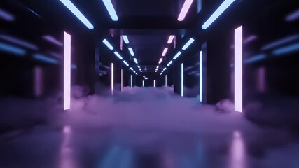 Futuristic Neon-Lit Corridor with Smoke and Reflective Floor - Powered by Adobe