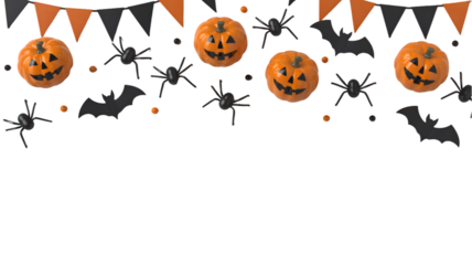 Halloween themed image featuring pumpkins bats spiders and orange and black pennant banner decoratons on transparent background