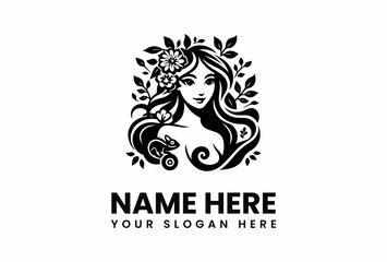 Elegant Woman with Floral Hair and a Chameleon Logo Design.