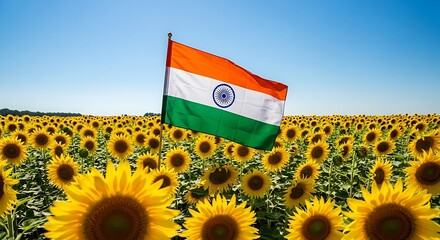Flag Waving Above a Field of Sunflowers Against a Blue Sky