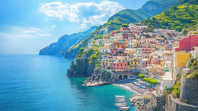 Coastal Italian Village: A picturesque village, clinging to the side of a cliff, overlooks a tranquil ocean, with a vibrant color palette of buildings harmonizing with the serene blue of the sea, sky.