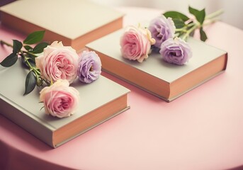 Delicate pink and purple roses adorn stacked pastel-colored books on a pink surface.