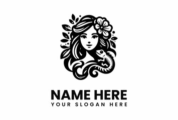 Elegant Woman with Floral Hair and Lizard Black and White Logo.