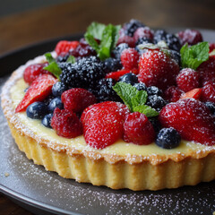 Close up of a berry tart with strawberries raspberries blueberries and blackberries on a dark plate