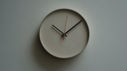 A round analog clock on a white wall. The clock has black and red hands and a beige face.