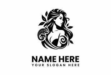 Elegant Woman with Flowing Hair and Chameleon Silhouette Logo Design.