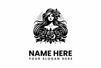 Elegant woman with flowing hair and roses a striking black and white vector illustration.