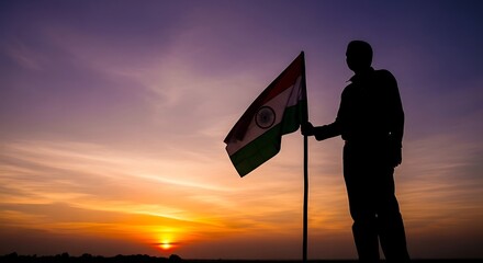 Person Holding Flag at Sunset Silhouette with Colorful Sky