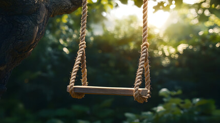 A simple wooden swing hanging from a tree branch outdoors.