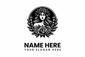 Elegant Woman with Rose Crown and Laurel Wreath in Black and White Logo.