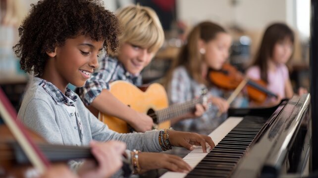 Diverse children paying musical instrument and learning music at music school - Powered by Adobe