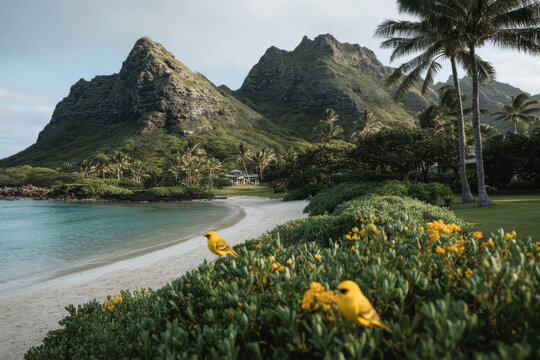vibrant hawaiian paradise showcasing lush flora and diverse fauna of islands