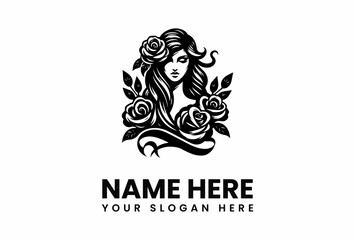Elegant woman with roses flowing hair and a serene expression in a stylized black and white design.