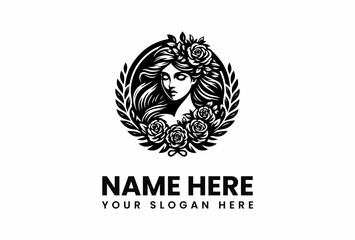 Elegant Womans Portrait Adorned with Roses and Laurel Wreath Logo.