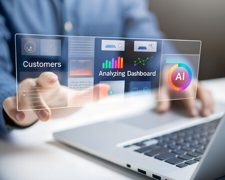 An analyst uses a computer and Ai technology dashboard for data business analysis and Data Management System, Customers database, gather information to report. - Powered by Adobe