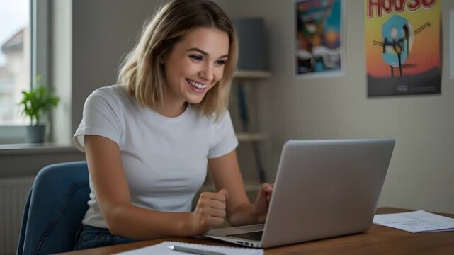 Young excited woman celebrating an online victory, getting approved for a job opportunity while working on her laptop at home. Happy and enthusiastic student looking at her laptop, receiving good news