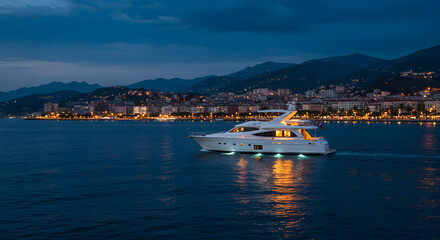 Obraz premium White Yacht Sailing in Dark Sea at Night with City Lights on Hillside Creates Tranquil Scenery