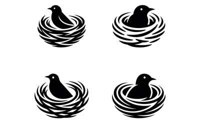 Black bird in nest silhouette set isolated on white background
