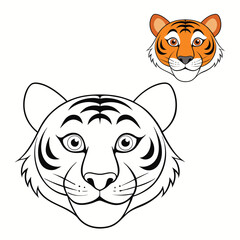 Tiger-face coloring page featuring a bold, detailed outline of a fierce tiger's head with sharp eyes, stripes, and fur—perfect for kids and adults to color creatively.

