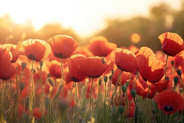 Obraz premium Vibrant poppy field at sunset