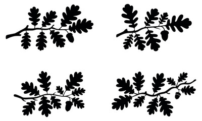Black oak leaf branch silhouette set isolated on white background
