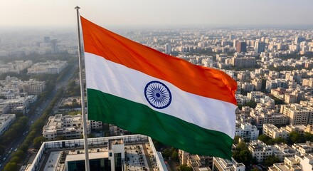Waving National Flag Over Cityscape Aerial View