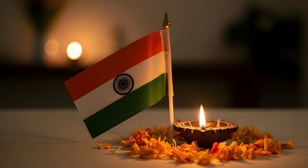 Indian Flag and Lit Lamp with Flowers
