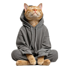 Cat wearing a grey hoodie sits calmly with eyes closed, exuding a relaxed and content vibe in a minimalist setting