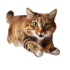 Playful tabby cat leaping in mid-air showcasing agility and curiosity indoors