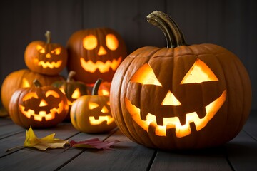 A collection of carved pumpkins with glowing faces sit on a wooden surface at night