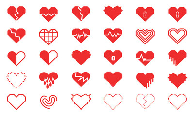 Heart icons set, including broken hearts, heartbeat symbols and love shape designs