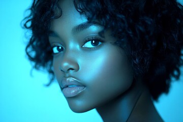 Commercial commercial conceptual art concept art. Lovely calm black girl - for ads, ad page and web marketing use. Short trim - curly hair. Elegant african american style icon. Black model.