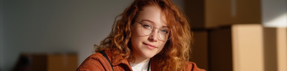 Fototapeta premium Young caucasian female with red hair and glasses in casual attire relaxing indoors