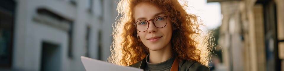 Fototapeta premium Caucasian young female with red curly hair and glasses smiling outdoors