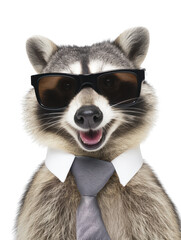 Obraz premium Cool Raccoon Wearing Sunglasses and Tie on White Background